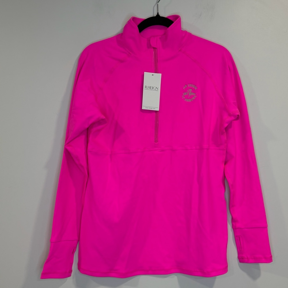 RHIEGN Women’s Neon Pink Half-Zip Thumb holes Logo Pullover NWT MSRP $90